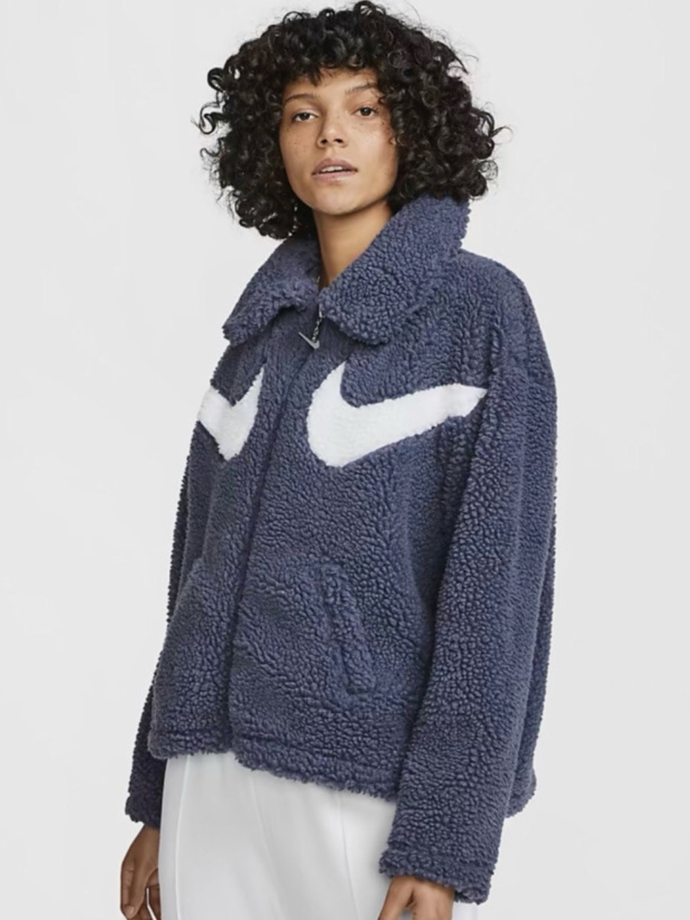NIKE Sweater Sherpa Navy Faux Fur Swoosh Zip Jacket White Swoosh Vintage Retro